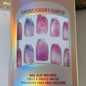 Press-on Nails Short Coffin Tip Pink & Purple Airbrush Style Design